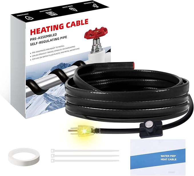 6FT Heat Cable for Water Pipes, Prevent Freezing & Easy Installation, Water Pipe Heat Cable With Thermostat Self-Regulating, Pipe Heating Trace System 120 V