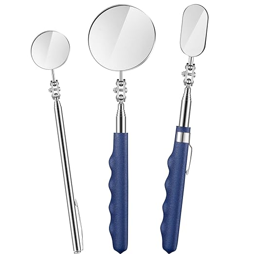 3 Pieces Telescoping Inspection Mirror Stainless Steel Extendable Mechanic Mirror with Long Handle Tool for Technicians Mechanics Contractors (50/25/30 mm,Round,Oval,Round)