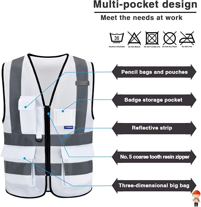 A-SAFETY Hi Reflective Safety Vest,Hi Vis Bright Neon Colors Safety Vest with 4 Reflective Strips 7 Pockets(White L)