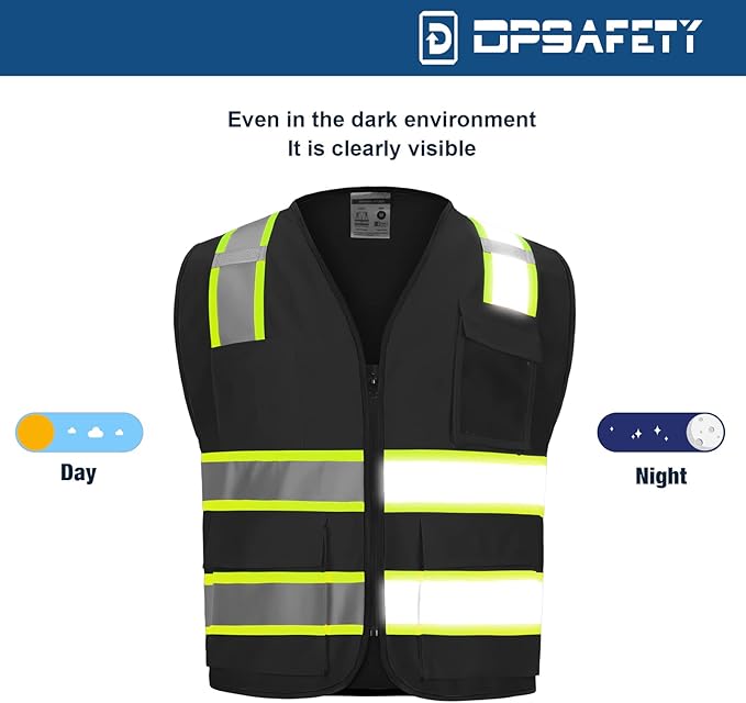 Hi Vis Vest with 2 inch Reflective Strips - Class 2 Safety Vest with Zipper Construction for Men & Women - Black, Large