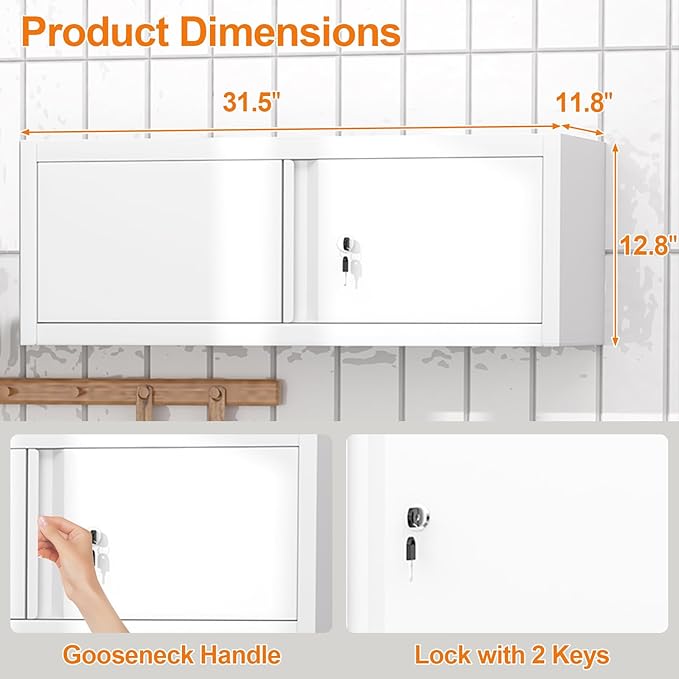 GREATMEET 13" H Metal Cabinets with Doors and Shelves, Metal Wall Cabinet with Lock, Wall Storage Cabinet for Living Room, Kitchen, White