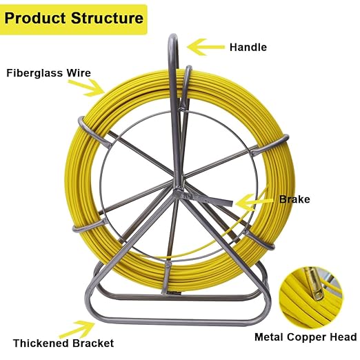 INTSUPERMAI 6mm 425FT Duct Rodder Fish Tape Fiberglass Wire Cable Running Rod Reel Wire with Durable Steel Stand, Fishtape Puller Conduit Puller with 2pcs Copper Tips