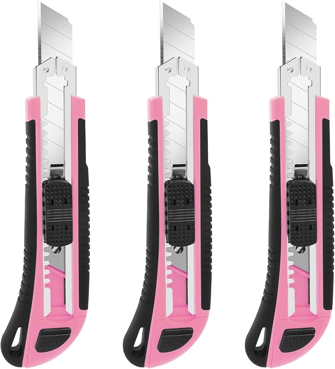 3-Pack Box Cutter, 18mm Wide Blade Utility Knife Retractable, Pink Box Cutter with Quick Change Blade and Lanyard Hole Design, Exacto Knife Suitable for DIY, Office, Arts Crafts and Home