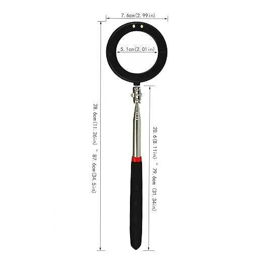 Telescopic Inspection Circular Mirror with 2 LED, Inspection Mirror on a Stick, Inspection Mirror for Extension Pole, Used for Automobiles, 50mm/85mm Large Circular Mirror with Pen Buckle