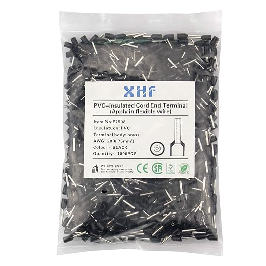 XHF 1000 PCS AWG 20/0.75mm² Wire Ferrules Insulated Copper Crimp Connectors, Crimp Pin Cord End Terminals Black