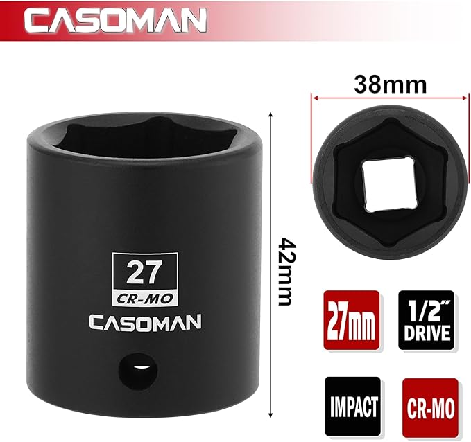 CASOMAN 1/2" Drive x 27mm Impact Socket, 6-Point, Metric, CR-MO Steel
