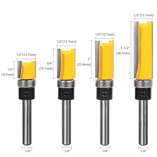 Pattern Flush Trim Bit 4 Pcs Router Bits，Top Bearing Flush Trim Bits Set，1/4 Inch Shank ,Cutting Length 1/2", 3/4", 1", 1-1/2"，Template Guide Woodworking Milling Cutter Tool