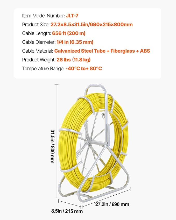 VEVOR Fiberglass Fish Tape 656 FT x 1/4 inch, Fish Tape Duct Rodder Puller with Durable Steel Stand, Non-Conductive Fishtape Wire Cable Running Rod for Walls, Floor and Electrical Conduit