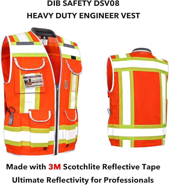 Dib Safety Reflective Vest Heavy Duty, High Visibility Two Tone Engineer Vest, Made with 3M Tape, Padded Collar, Retractable ID Pocket, Orange 3XL
