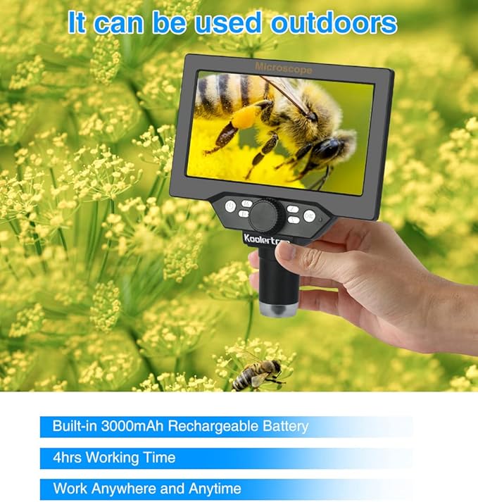 Koolertron 7" 12MP Digital Microscope, 1200X Magnification, 1080P USB Camera, 32GB TF Card, PC View, Rechargeable, LED Lights for Coin/PCB/Jewelry/Plant/Rock Inspection