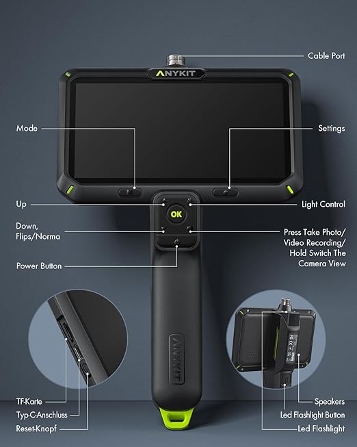 Anykit Endoscope Camera with Light,1080P Dual Lens Endoscope，6" IPS Screen Borescope, Plumbing Snake Inspection Camera with Split Screen, 32GB Card, Plumbing Snake Camera for Home (16.5FT)