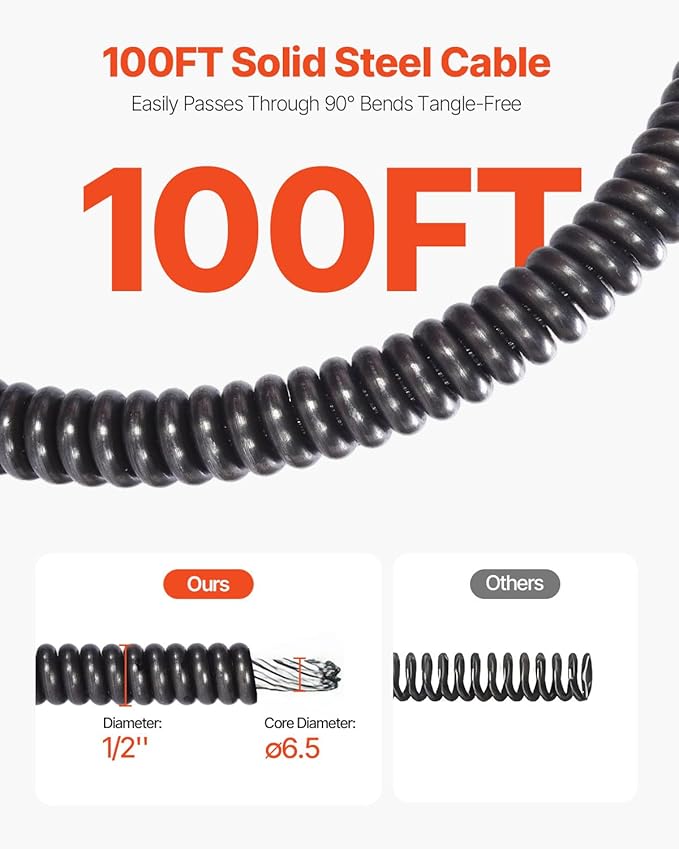 VEVOR 100 FT x 1/2 Inch Drain Cleaner Machine, Sewer Snake Auger Auto Feed with 4 Cutter & Air-activated Foot Switch for 2" to 4" Pipes, Orange, Black