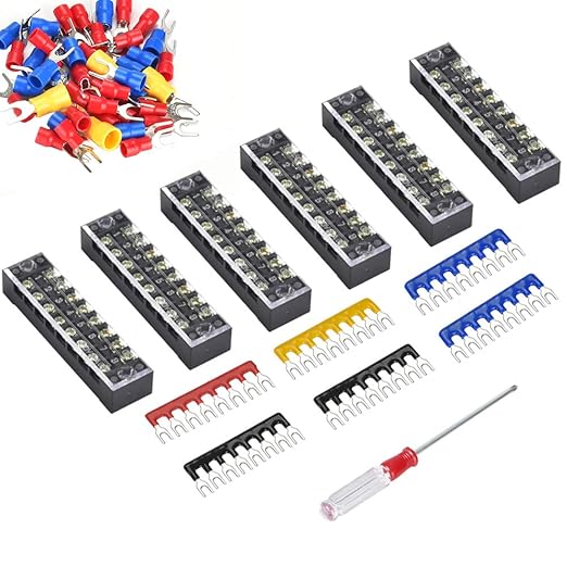 73Pcs(6Sets) Terminal Block Set, 6Pcs 8 Positions 600V 15A Dual Row Screw Terminal Strip Block + 6Pcs Pre-Insulated Terminals Barrier Strip + 60Pcs Insulated Fork Wire Connector by CGele…
