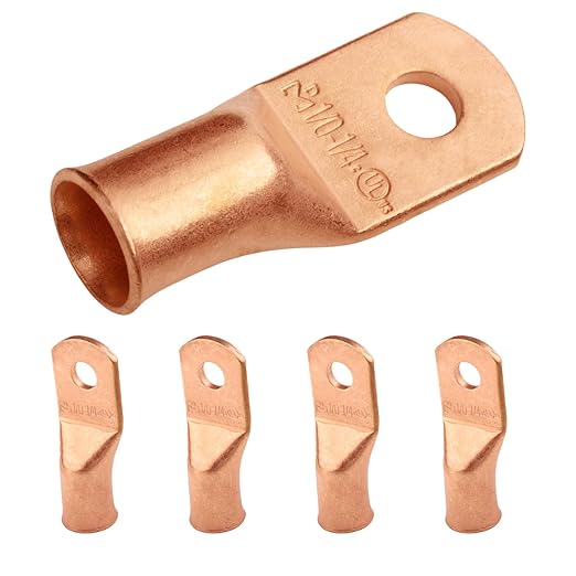 SELTERM 5pcs 1/0 AWG 1/4" Stud Copper Wire Lugs, Ring Terminals, Battery Cable Ends, 0 Gauge Ring Terminal Connectors, UL Heavy Duty Bare Copper Eyelets Battery Terminal Connectors