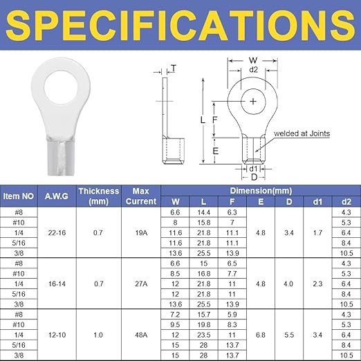 haisstronica 100pcs 3/8" Ring Terminals,AWG 16-14 Brazed Seam Non-Insulated Copper Wire Connectors