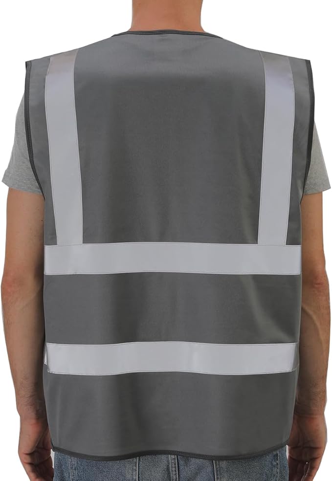 Dib Safety Reflective Vest High Visibility with Pockets and Zipper, Gray XL