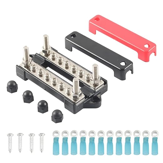 12V 12x8# Power Distribution Terminal Block Battery BusBar Set Negative/Positive Insulated Busbar for Auto Marine Car Trailer RV Boat Motorcycle UTV ATV