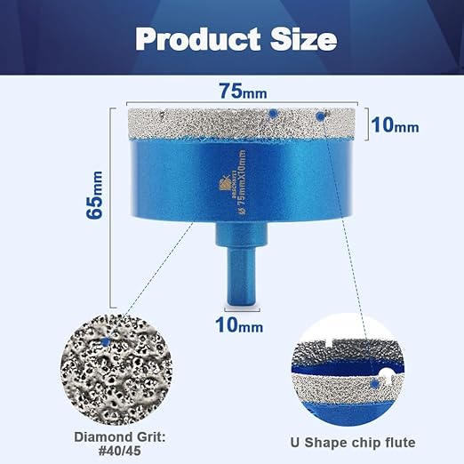 Dry Diamond Core Drill Bit,BRSCHNITT 3 Inch 75mm Diamond Hole Saw Core Drill Bit with Triangle Shank for Porcelain Tile Ceramic Stone Granite Marble（2pcs）