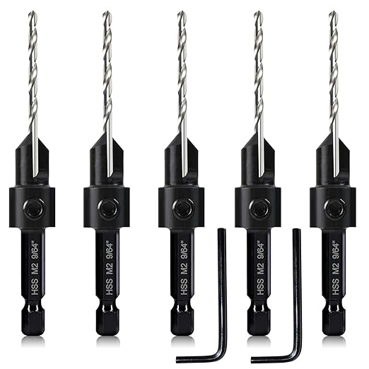 5-pc #12 Countersink Drill Bit Set, 3in1 Woodworking Counterbore Hole Saw Drill Bits, Depth Adjustable 9/64" M2 Pilot Drill Bits, 82-Degree Chamfer, 1/4” Hex Shank, 2 Allen Wrench