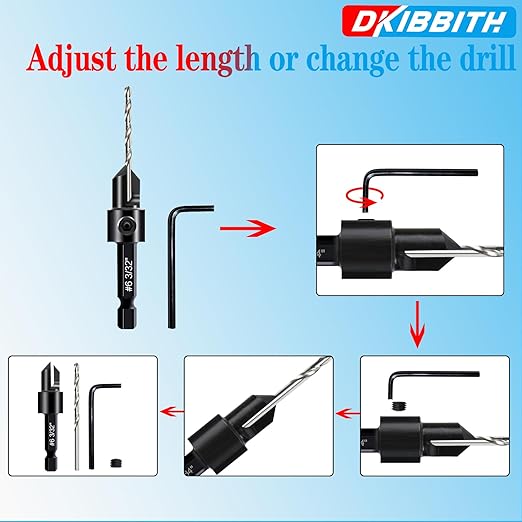 DKIBBITH 12-Piece Countersink Drill Bit Set with 5 Spare Bits, 2 Limit Rings, 1 Hex Key, 2 Screws & Case - 3-in-1 Wood Countersink Bit for #6#8#10#12#16 Screws, 82°Chamfer, Depth Adjustable.