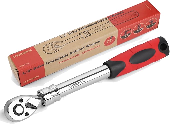 1/2 Inch Drive Extendable Ratchet, Durable Socket Wrench with Long Handle 72-Tooth Quick-Release Reversible, Soft Grip Handle Hand Tool (Red)