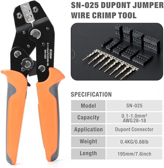 iCrimp SN-025 Dupont Crimper, O Crimp Tool, D-sub, Dupont Connector Wire Crimp Tool AWG 28-18(0.1-1mm²) for Harwin, Amphenol MINI-PV Connectors Molex KK 396 Micro Timer Connectors