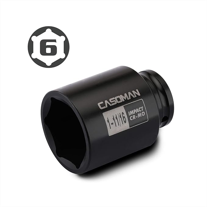CASOMAN 6-Point 1/2-Inch Drive Deep Impact Socket- 1-11/16" (SAE), CR-MO, 1/2-inch Drive 6 Point Axle Nut Socket for Easy Removal of Axle Shaft Nuts (1-11/16")