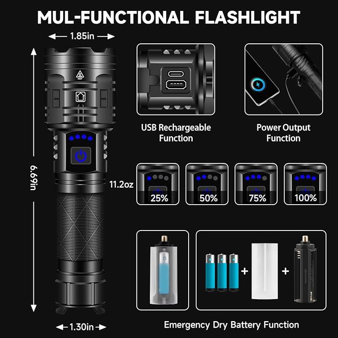 Rechargeable Flashlights High Lumens, Powerful Tactical Flashlights, 5 Modes LED Flashlight Adjustable, Brightest Flashlight Waterproof, Handheld Flash Light for Emergencies, Home, Camping, Hiking