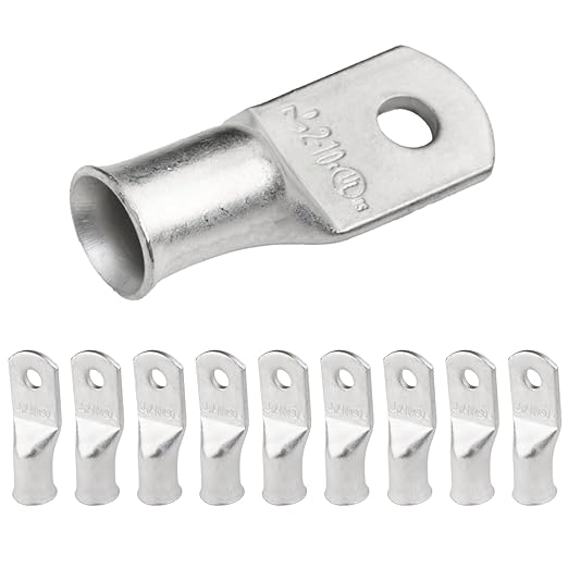 SELTERM 10pcs 2 AWG-#10 Stud Tinned Copper Wire Lugs, Heavy Duty Battery Cable Ends,2 Gauge Ring Terminals, UL Battery Lugs Marine Grade Copper Eyelets Electrical Battery Terminal Connectors