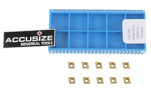 Accusize Industrial Tools Ccmt21.51 Tin Coated Carbide Inserts, 10 Pcs/Box, 2100-1008x10