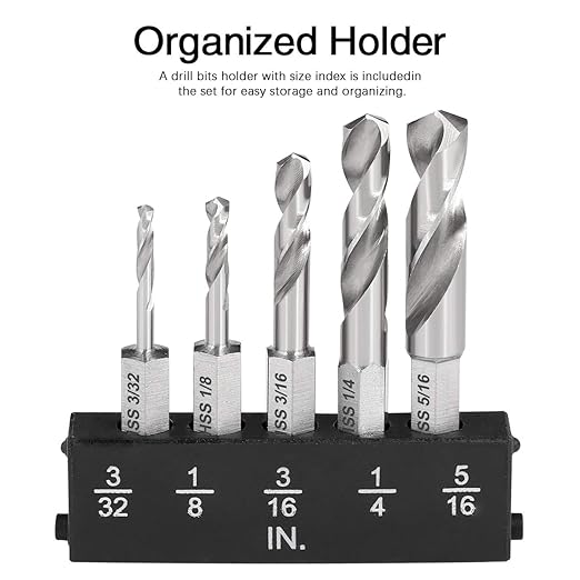COMOWARE Stubby Drill Bit Set for Metal, 5pcs HSS M2 Short Length Drill Bit with 1/4-Inch Quick Change Hex Shank
