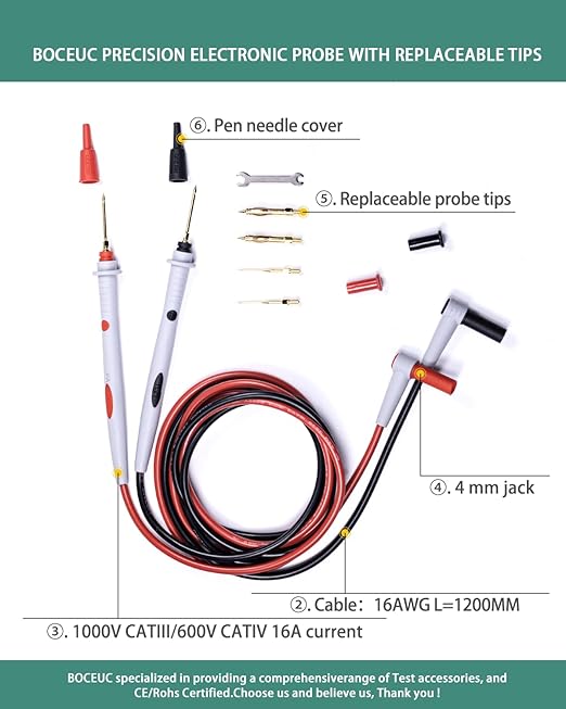 Electrical Test Leads Soft Silicone Cable Multimeter Test Probe Set with Replaceable Gold-Plated Multimeter Probes 1000V CATIII & 600V CATIV 16A for Fluke/AstroAI/INNOVA Clamp Meter