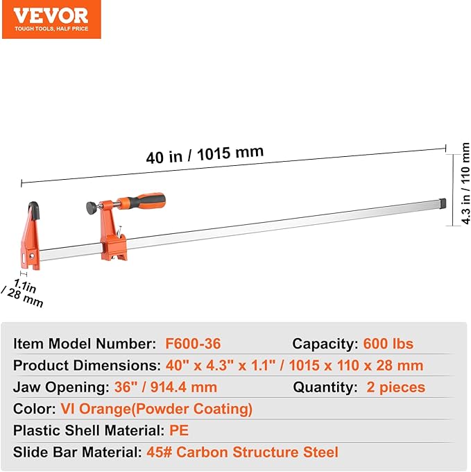 VEVOR Bar Clamps for Woodworking, 2-Pack 36" Clamp, Quick-Change F Clamp with 600 lbs Load Limit, 2.5" Throat Depth, Cast Iron and Carbon Steel, Wood Clamps for Woodworking Metal Working