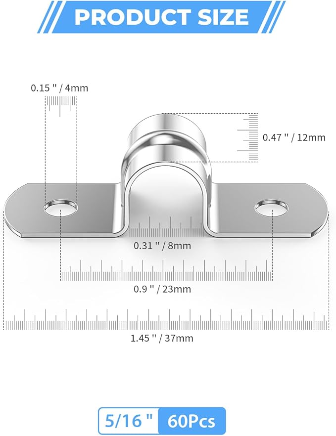 60Pcs 5/16 Inch (8mm) 304 Stainless Steel Conduit Clamps, U-Tube Strap Pipe Clamp 2 Hole Strap U Bracket Rigid Pipe Strap Metal U Clamp Conduit Strap Tension Clips U-tube Clamp
