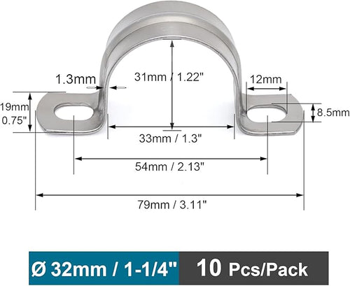 10 pcs 1-1/4" Conduit Clamp 304 SS Pipe Support U Bracket, Tube Clamps for Cable/Water Pipe/Pipe, Heavy Duty Pipe Clamp | OD 1-1/4" | 10 pcs