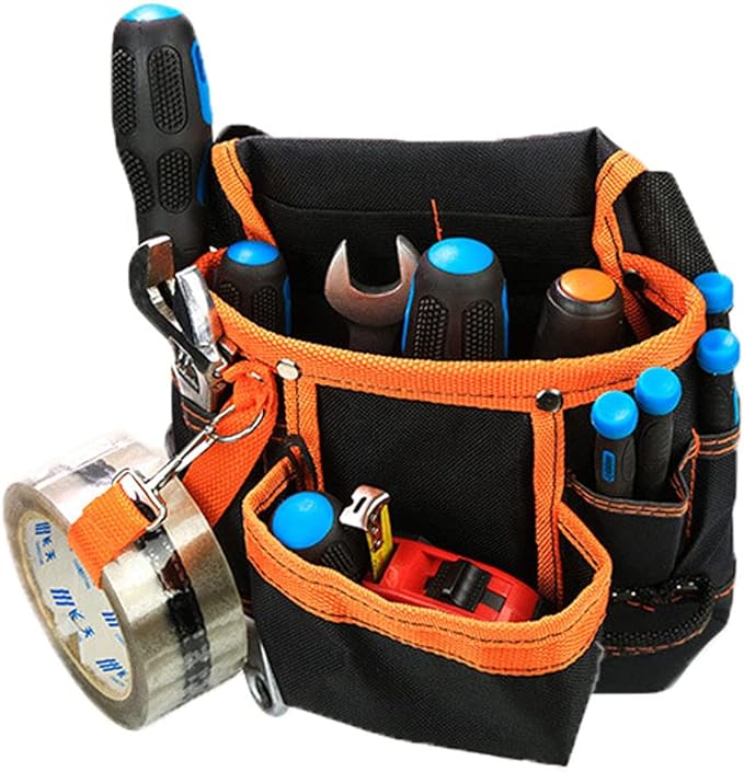 Tool Pouch - Tool Belt Bag/Utility Pouch for Electrician Carpenter Construction Technician Gardening, Tool Pouch with Belt Clip for Hardware Tools, 8 Pockets, Adjustable Belt Work Apron, Orange