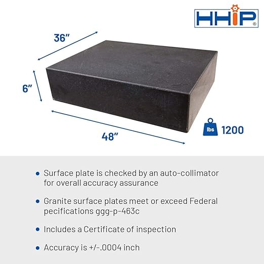 HHIP 4401-1604 Black Granite Surface Plate, Grade B, Ledge 0, 48" Length x 36" Width x 6" Height, +/0004" Accuracy, 1200 lb. Weight