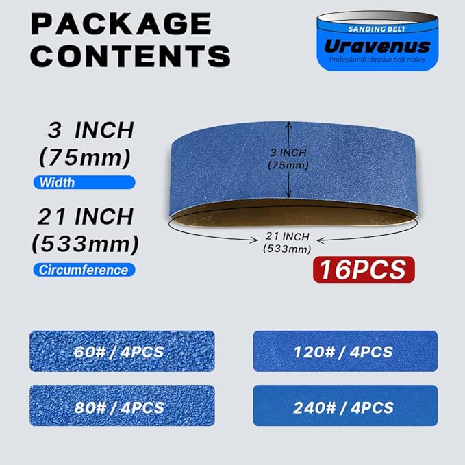 3 x 21 Inch Sanding Belts, 16 Pcs Assorted Grits (60/80/120/240), Zirconia Sanding Belts for Metal Polishing, Woodworking, Derusting