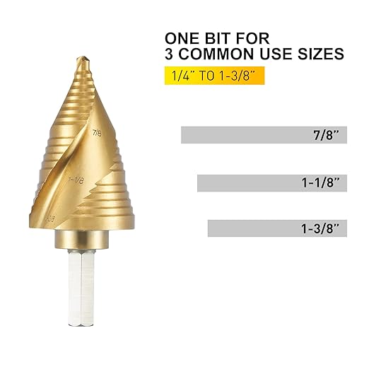 3 Sizes M2 Step Drill Bit, 7/8", 1-1/8", 1-3/8" Titanium Cone Drill Bits for Steel Metal Sheet Hole Drilling Cutting, Multiple Hole Sprial Unibit, Stepped Up Bits Home Tools