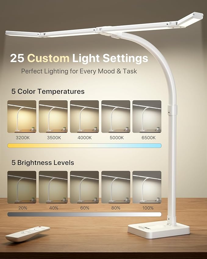 42" LED Desk Lamp for Home Office, Eye-Caring Desk Light with Adjustable 4-Segment Bar, 1800LM Bright, Remote, Architect Table Lamp with Base for Dual Monitors, Reading, Study, Workbench(White)