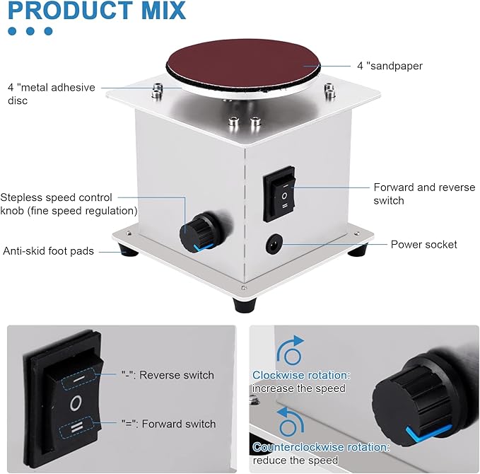 4 Inch Mini Disc Sander with Variable Speed 6000 RPM, Electric Small Hobby Disk Sander with Forward & Reverse Function, Sanding Disc Machine for Woodworking, Metal Working, Stone and Scissors Sanding