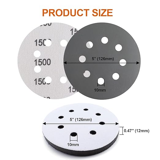 POLIWELL 5 Inch Sanding Discs 8-Hole Hook and Loop Sandpaper Wet Dry Sanding Sheets 80 to 2000 Assortment Grits 50 Pack with 5” Interface Pad for Random Orbital Sander Automotive Wood Metal Plastic
