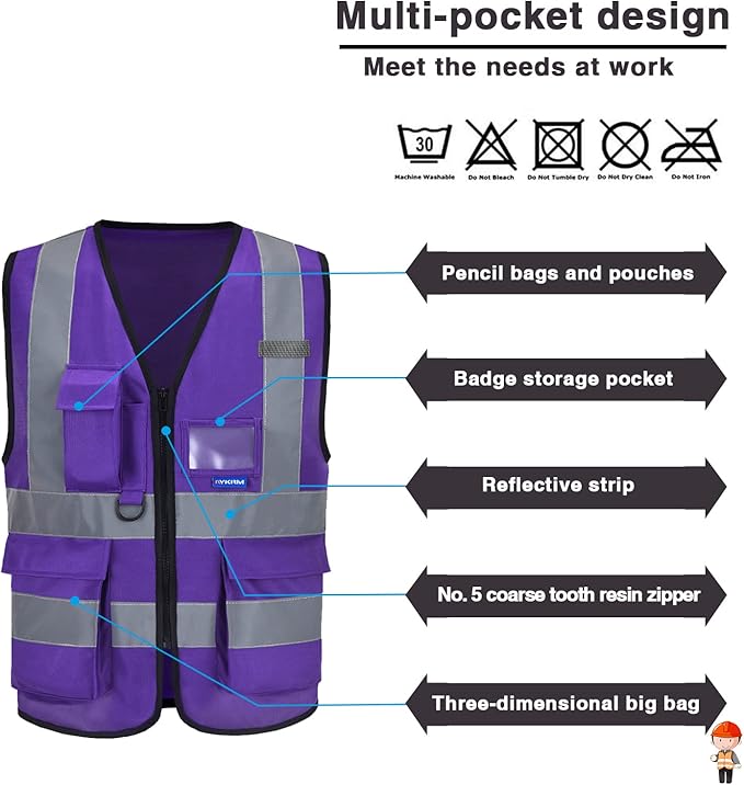 A-SAFETY Safety vest purple Protective Reflective Safety Vest Workwear, 7 Pockets Hi Vis Durable Vest with Reflective Tapes, 4 Lower Pockets, Purple