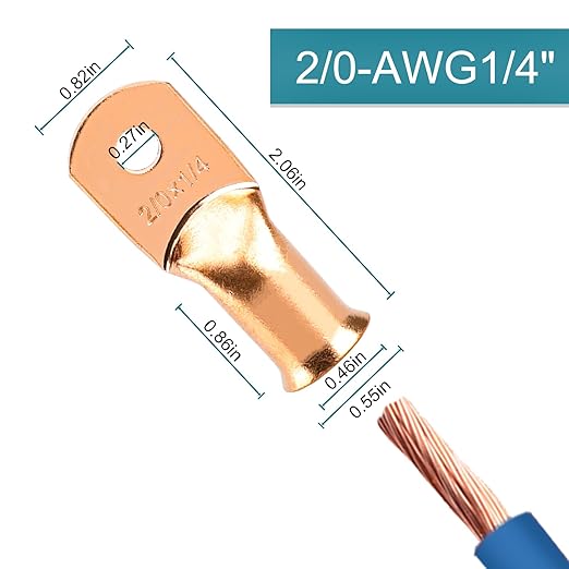 Battery Cable Ends, 8PCS Battery Cable Ends, 2/0 Gauge Wire Connectors 1/4 Copper Wire Lugs, Bare Copper Eyelets with Heat Shrink Tubing