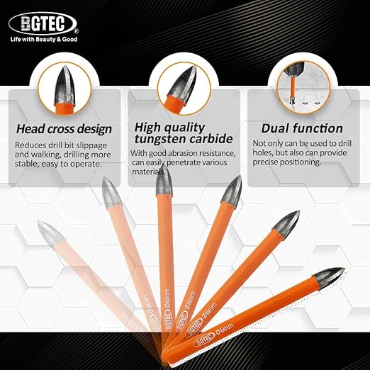 Carbide Tip Drill Bit-BGTEC Wood Drill Bits, 10pcs Round Shank 1/4"*4+5/16"*3+3/8"*2+1/2" Cross Hard Alloy Drill Bit for Wood Plastic Masonry Brick