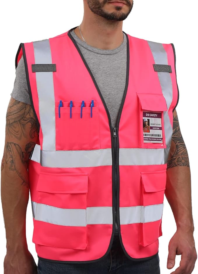 Dib Safety Reflective Vest High Visibility with Pockets and Zipper, Pink L