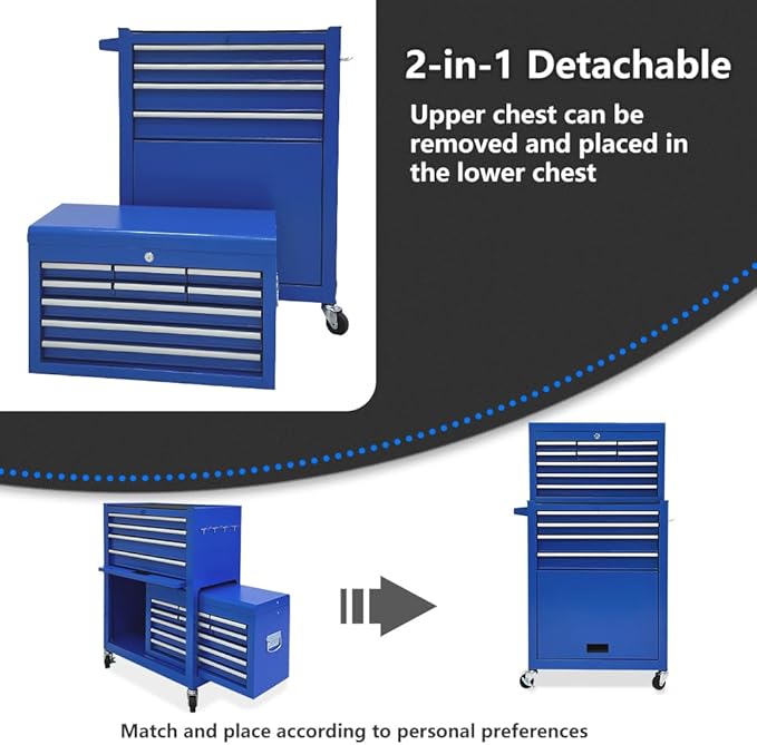 13-Drawer Tool Chest with Wheels,2 in 1 Detachable Rolling Tool Chests with Drawers,Large Tool Box with Lock,Mobile Steel Tool Cabinet Storage for Warehouse,Garage-Blue