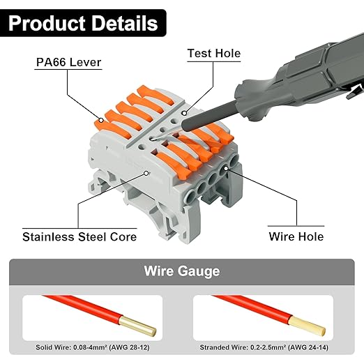 5Pcs DIN Terminal Blocks, 5 Conductor Compact Wire Conductor Splicing Connectors, KV223 Lever Wire Connectors for AWG 28-12, 600V 32A