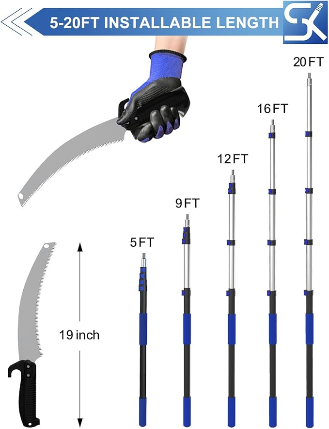 26FT Reach Pole Saws for Tree Trimming, Manual Pruning Pole Saw with 5-20FT Telescoping Extension Pole, Tree Pruner Tree Trimmer with 19" 3X Detachable Saw for Yard Garden Trees Palms Shrubs