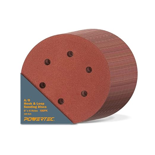 POWERTEC 120 Grit, 100 PK, 6 Inch Sanding Discs – Hook and Loop, 6-Hole Aluminum Oxide Orbital Sander Pads, Woodworking Round Sandpaper for Random Orbital, Air, Pneumatic & DA Sanders (45212-P4)